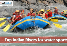 Top Indian Rivers for Water Sports People enjoying river rafting on an Indian river, wearing safety helmets and life jackets during a water sports adventure.