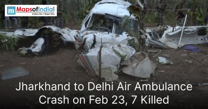 AIR AMBULANCE Wreckage of a crashed air ambulance aircraft lying damaged in a forested area after the Jharkhand to Delhi crash on Feb 23