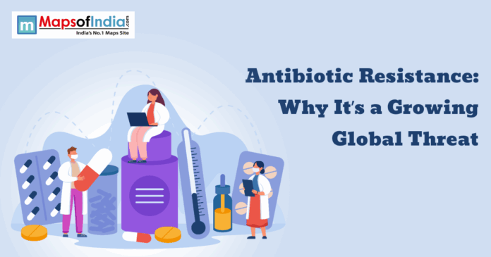 An illustration titled "Antibiotic Resistance: Why It’s a Growing Global Threat" featuring medical professionals in lab coats and masks surrounded by oversized pills, capsules, a thermometer, and medicine bottles.