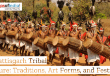 Chhattisgarh Tribal Culture: Traditions, Art Forms, and Festivals Tribal men in traditional attire performing a cultural dance with large drums during a festival procession in Chhattisgarh, wearing ornate headgear and bead jewelry, with banner text reading “Chhattisgarh Tribal Culture: Traditions, Art Forms, and Festivals.”