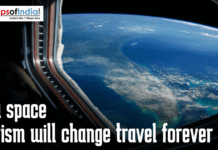 How Space Tourism Will Change Travel Forever View of Earth’s blue oceans and curved horizon from a spacecraft window with text overlay reading “How space tourism will change travel forever” and Maps of India logo in the corner