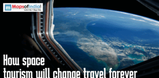 How Space Tourism Will Change Travel Forever View of Earth’s blue oceans and curved horizon from a spacecraft window with text overlay reading “How space tourism will change travel forever” and Maps of India logo in the corner