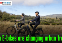How E-bikes are changing urban travel Two adults wearing helmets ride electric bikes along a scenic road with green hills in the background, with the text “How E-bikes are changing urban travel” and a Maps of India logo displayed
