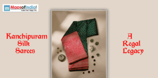 Kanchipuram Silk Sarees: A Regal Legacy Kanchipuram silk saree in green and red with intricate gold zari work, displayed with decorative elements and title text “A Regal Legacy.”