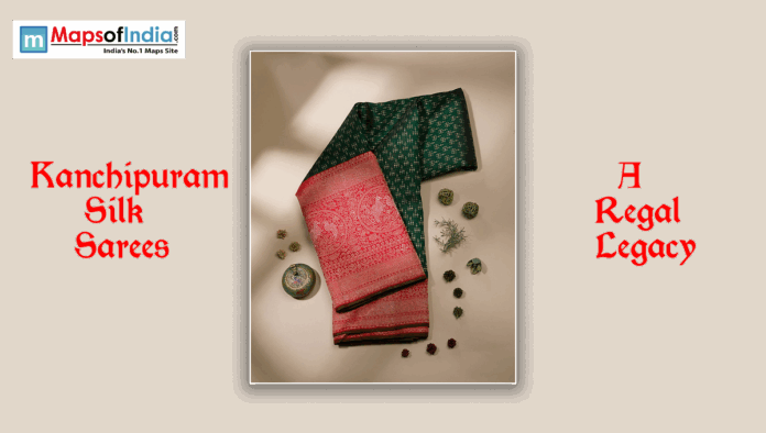 Kanchipuram silk saree in green and red with intricate gold zari work, displayed with decorative elements and title text “A Regal Legacy.”