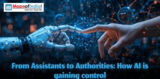 From Assistants to Authorities: How AI is gaining control A robotic hand reaching toward a human hand against a digital network background, symbolizing AI’s shift from assistant to authority and its growing control.