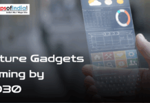 Future Gadgets Coming By 2030 Banner image showing a hand holding a transparent futuristic smartphone interface with the text “Future Gadgets coming by 2030” and Maps of India logo