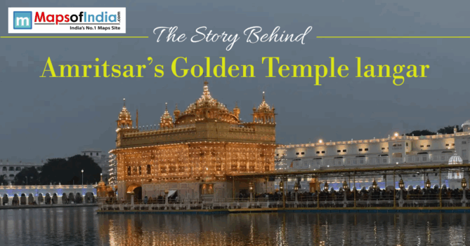 Golden Temple Amritsar illuminated at night across the water with text "The Story Behind Amritsar’s Golden Temple langar."