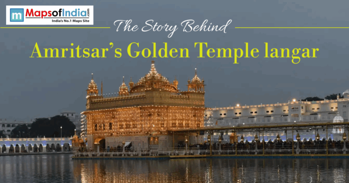 Golden Temple Amritsar illuminated at night across the water with text "The Story Behind Amritsar’s Golden Temple langar."