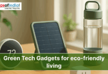 Green Tech Gadgets for Eco-Friendly Living Banner image showing eco-friendly tech gadgets including a solar panel device, smart thermostat, and reusable water bottle with the text “Green Tech Gadgets for eco-friendly living” and Maps of India logo