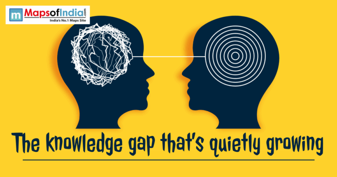 Illustrative graphic showing two silhouettes with contrasting thought patterns, titled "The knowledge gap that's quietly growing."