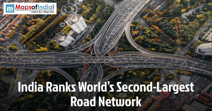 Aerial view of a major highway interchange in India, showcasing the country’s vast road infrastructure as it ranks second globally for the largest road network.