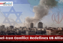Israel–Iran Conflict Redefines the US Alliance Smoke rises over a city skyline amid the Israel–Iran conflict, with faded Israeli and Iranian flags in the background and the headline “Israel-Iran Conflict Redefines US Alliance” displayed across the image alongside a Maps of India logo.