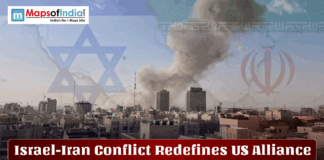 Israel–Iran Conflict Redefines the US Alliance Smoke rises over a city skyline amid the Israel–Iran conflict, with faded Israeli and Iranian flags in the background and the headline “Israel-Iran Conflict Redefines US Alliance” displayed across the image alongside a Maps of India logo.