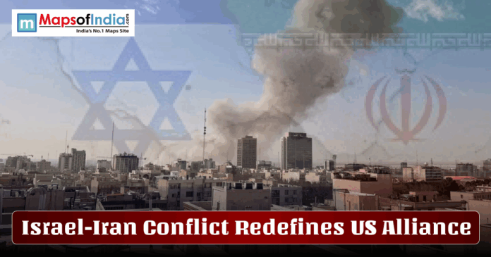 Smoke rises over a city skyline amid the Israel–Iran conflict, with faded Israeli and Iranian flags in the background and the headline “Israel-Iran Conflict Redefines US Alliance” displayed across the image alongside a Maps of India logo.