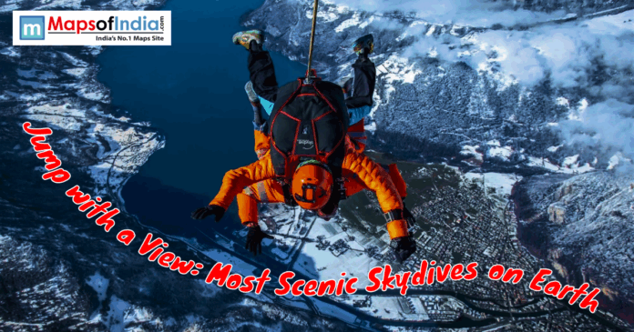 Skydiver in an orange suit descending over a snowy mountain landscape and blue lake, with text overlay about the most scenic skydives on Earth.