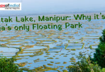 Loktak Lake, Manipur: Why it’s India’s only Floating Park Wide view of Loktak Lake in Manipur showing floating vegetation islands and wetlands, with text highlighting it as India’s only floating park
