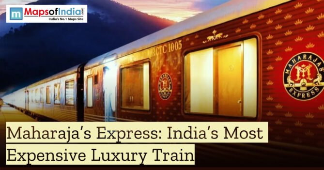 Maharaja’s Express luxury train parked at a station, showcasing its royal exterior and branding, with the title “Maharaja’s Express: India’s Most Expensive Luxury Train” displayed on the image.