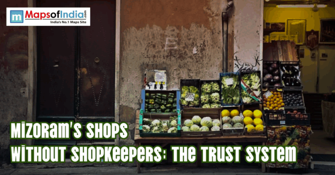 Roadside vegetable stall in Mizoram displaying fresh produce like cabbages, cucumbers, melons, and oranges, representing the state’s unique trust-based shop system without shopkeepers.
