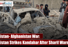 Pakistan- Afghanistan War: Pakistan Strikes Kandahar After Sharif Warning Destroyed vehicle and debris in Afghanistan following air strikes, with text overlay about the Pakistan-Afghanistan War.