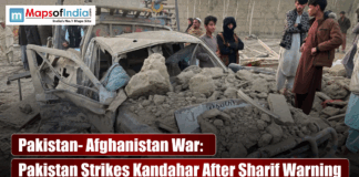Pakistan- Afghanistan War: Pakistan Strikes Kandahar After Sharif Warning Destroyed vehicle and debris in Afghanistan following air strikes, with text overlay about the Pakistan-Afghanistan War.
