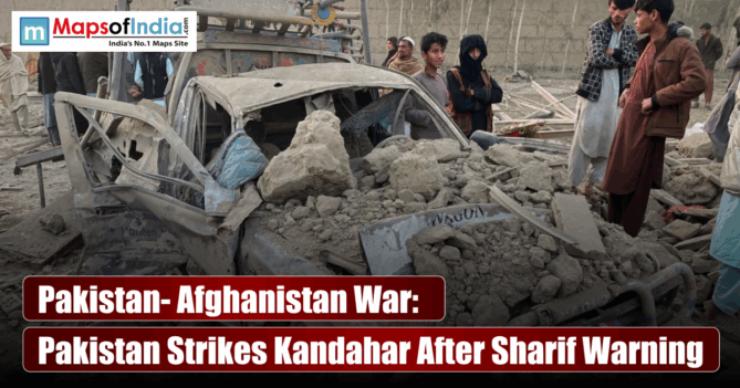 Destroyed vehicle and debris in Afghanistan following air strikes, with text overlay about the Pakistan-Afghanistan War.