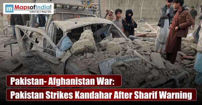 Destroyed vehicle and debris in Afghanistan following air strikes, with text overlay about the Pakistan-Afghanistan War.