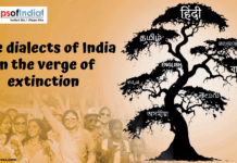 Rare dialects of India are on the verge of extinction Infographic titled "Rare dialects of India on the verge of extinction" featuring a tree silhouette with branches labeled in various Indian scripts.