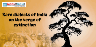 Rare dialects of India are on the verge of extinction Infographic titled "Rare dialects of India on the verge of extinction" featuring a tree silhouette with branches labeled in various Indian scripts.