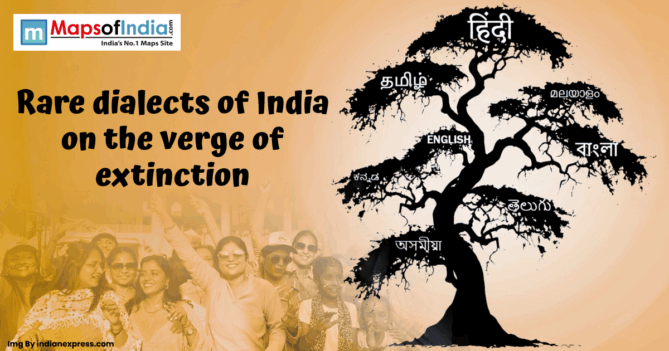 Infographic titled "Rare dialects of India on the verge of extinction" featuring a tree silhouette with branches labeled in various Indian scripts.