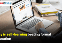 Why is self-learning beating formal education Person learning online on a laptop, highlighting why self-learning is surpassing formal education in the digital age.