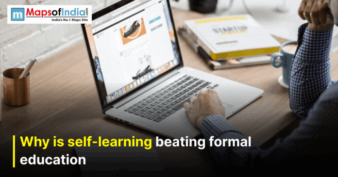 Person learning online on a laptop, highlighting why self-learning is surpassing formal education in the digital age.