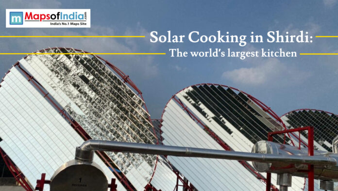 Large solar concentrator panels used for cooking at Shirdi’s world’s largest solar kitchen