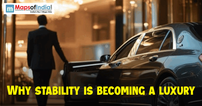 A man in a formal suit walking toward a luxury car outside a hotel, with text reading “Why Stability Is Becoming a Luxury,” symbolizing modern wealth and uncertainty.