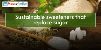 Sustainable Sweeteners That Replace Sugar Banner image showing sugar, stevia leaves, and sugar cubes with the text “Sustainable sweeteners that replace sugar” and Maps of India logo