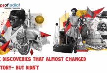The Discoveries That Almost Changed History- But Didn’t Illustration showing scientists, explorers, inventions, and historical figures symbolizing discoveries that nearly changed world history, with Maps of India branding and the title “The Discoveries That Almost Changed History – But Didn’t.”