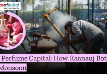 The Perfume Capital: How Kannauj Bottles the Monsoon A traditional perfume artisan in Kannauj, Uttar Pradesh, using the ancient Deg Bhapka steam distillation process to create attar, with an inset of a pink floral fragrance bottle