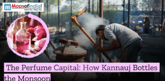 The Perfume Capital: How Kannauj Bottles the Monsoon A traditional perfume artisan in Kannauj, Uttar Pradesh, using the ancient Deg Bhapka steam distillation process to create attar, with an inset of a pink floral fragrance bottle