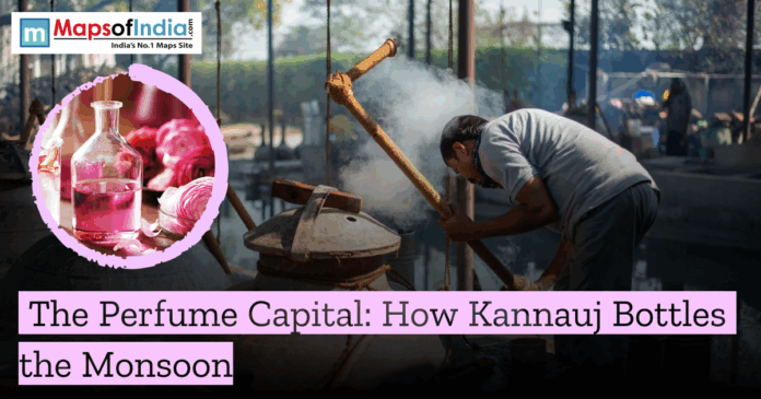 A traditional perfume artisan in Kannauj, Uttar Pradesh, using the ancient Deg Bhapka steam distillation process to create attar, with an inset of a pink floral fragrance bottle