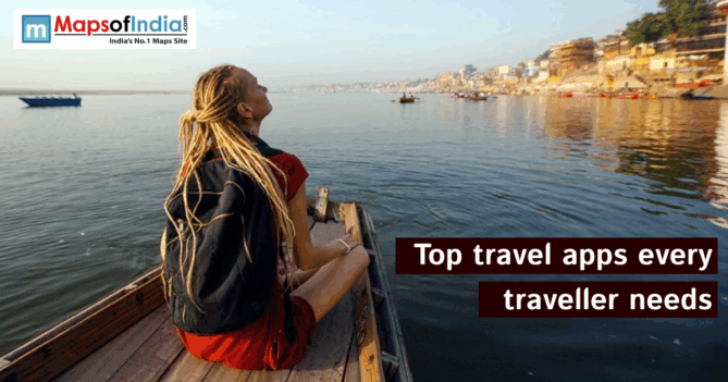 A solo traveler with a backpack sitting on a wooden boat, gazing across a calm river with boats and historic riverside buildings in the background, promoting top travel apps for travelers.