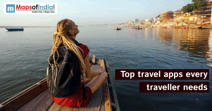 Top Travel apps A solo traveler with a backpack sitting on a wooden boat, gazing across a calm river with boats and historic riverside buildings in the background, promoting top travel apps for travelers.