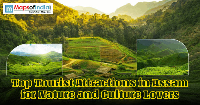 Scenic green tea gardens and rolling hills in Assam with inset landscape images and text reading “Top Tourist Attractions in Assam for Nature and Culture Lovers,” featuring a travel-themed banner from Maps of India.