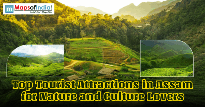 Scenic green tea gardens and rolling hills in Assam with inset landscape images and text reading “Top Tourist Attractions in Assam for Nature and Culture Lovers,” featuring a travel-themed banner from Maps of India.