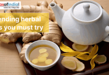 Trending Herbal Teas You Must Try Banner image showing ginger roots, a cup of herbal tea, and a white teapot with the text “Trending herbal teas you must try” and Maps of India logo.