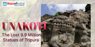 Unakoti: The Lost 9.9 Million Statues of Tripura Large rock-carved face sculpture at Unakoti in Tripura with title text “Unakoti: The Lost 9.9 Million Statues of Tripura” displayed on the image.
