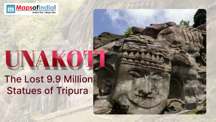 Large rock-carved face sculpture at Unakoti in Tripura with title text “Unakoti: The Lost 9.9 Million Statues of Tripura” displayed on the image.