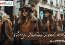 Vintage Fashion Trends are Making A Comeback Group of young people walking on a city street wearing vintage-inspired outfits, including leather jackets, hats, and retro styles, with text overlay about vintage fashion trends making a comeback