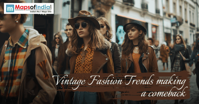 Group of young people walking on a city street wearing vintage-inspired outfits, including leather jackets, hats, and retro styles, with text overlay about vintage fashion trends making a comeback