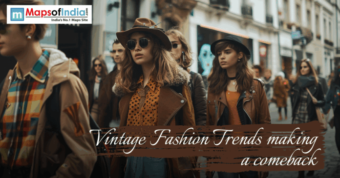 Vintage Fashion Group of young people walking on a city street wearing vintage-inspired outfits, including leather jackets, hats, and retro styles, with text overlay about vintage fashion trends making a comeback