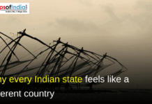 Why every Indian state feels like a different country Sunset view of traditional Chinese fishing nets along a calm waterfront, with the text “Why every Indian state feels like a different country” and the MapsofIndia.com logo displayed on the image.